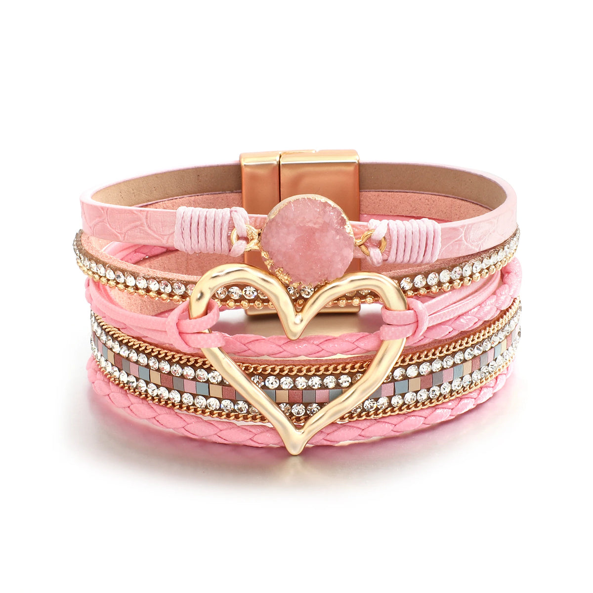 ALLYES Metal Love Heart Charm Leather Bracelets for Women Fashion Rhinestone Braided Wrap Bracelet Bangle Female Jewelry Gfits