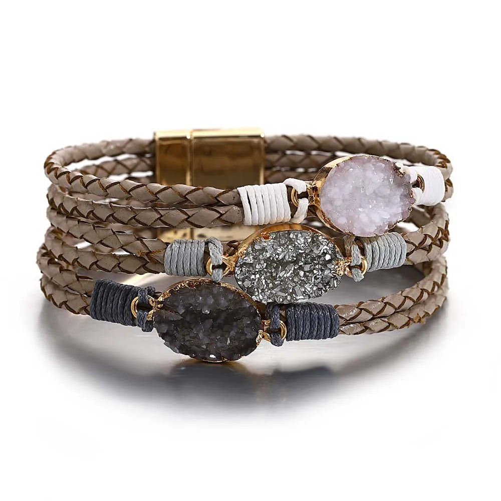 ALLYES Vintage Natural Stones Leather Bracelet for Women Men Boho Handmade Braided Multilayer Winding Wrap Bracelets Jewelry