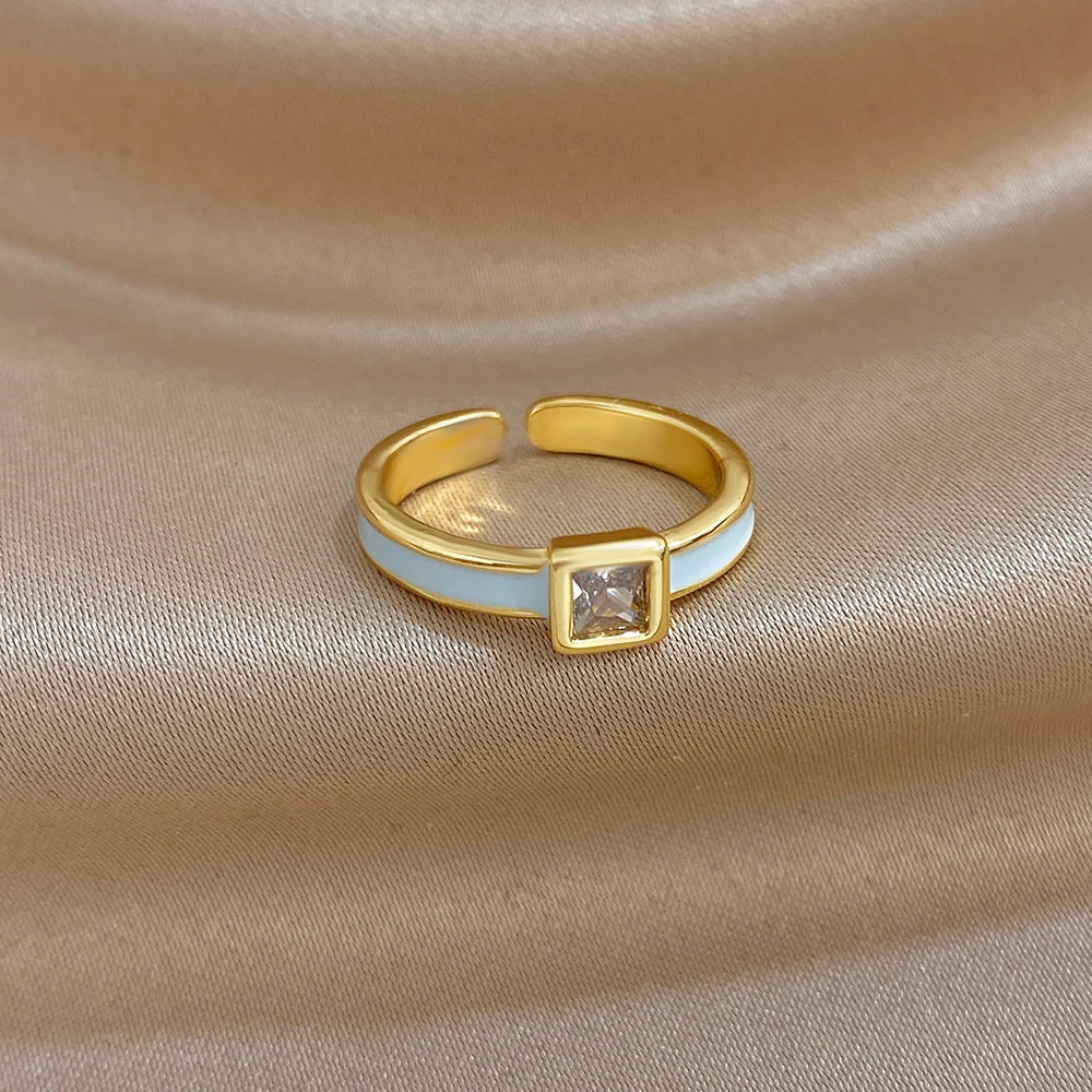 ALLYES Chic Enamel Square Zirconia Open Ring for Women Exquisite Gold Plated Copper Finger Rings Valentine's Day Gifts