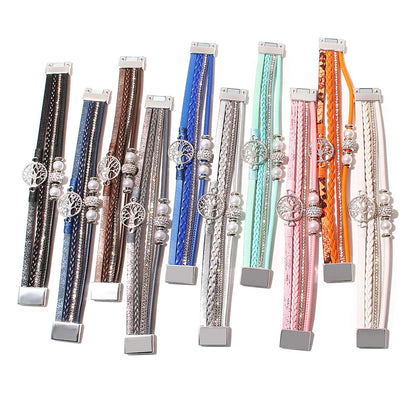 ALLYES Tree of Life Rhinestone Beads Pearl Leather Bracelets for Women Charm Bohemian Multilayer Wrap Bracelet Halloween Jewelry
