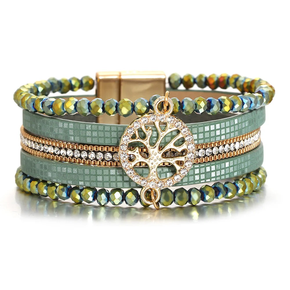 ALLYES Vintage Tree of Life Leather Bracelet for Women Multilayer Crystal Beads Chain Wrap Bracelets & Bangles Party Jewelry