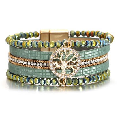 ALLYES Vintage Tree of Life Leather Bracelet for Women Multilayer Crystal Beads Chain Wrap Bracelets & Bangles Party Jewelry