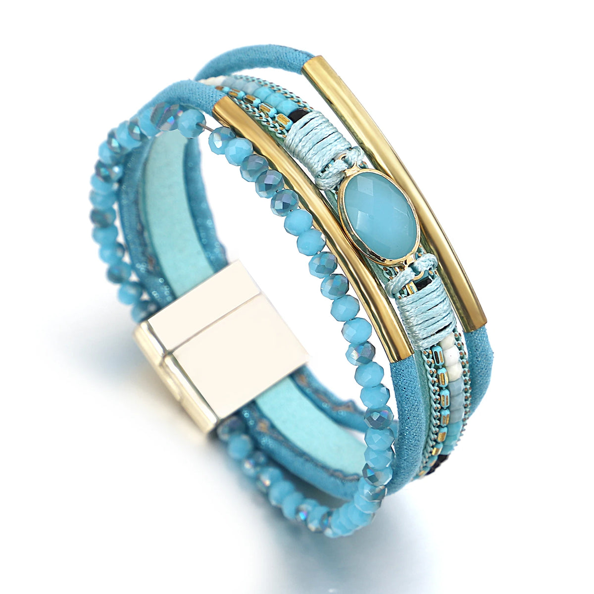 ALLYES Charm Crystal Stone Beaded Leather Bracelet for Women Retro Metal Tube Handmade Braided Multilayer Wrap Bracelets Jewelry