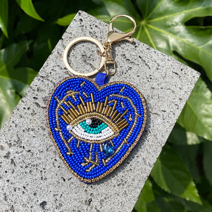 ALLYES Boho Red Blue Seed Beads Teardrop Hand-sewn Evil Eye Heart Keychain, Gothic Mobile Phone Handbag Hanging Charms Keyring