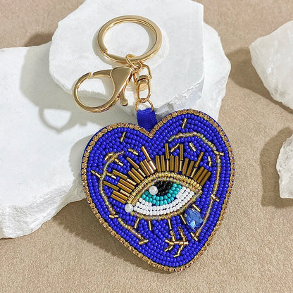 ALLYES Boho Red Blue Seed Beads Teardrop Hand-sewn Evil Eye Heart Keychain, Gothic Mobile Phone Handbag Hanging Charms Keyring
