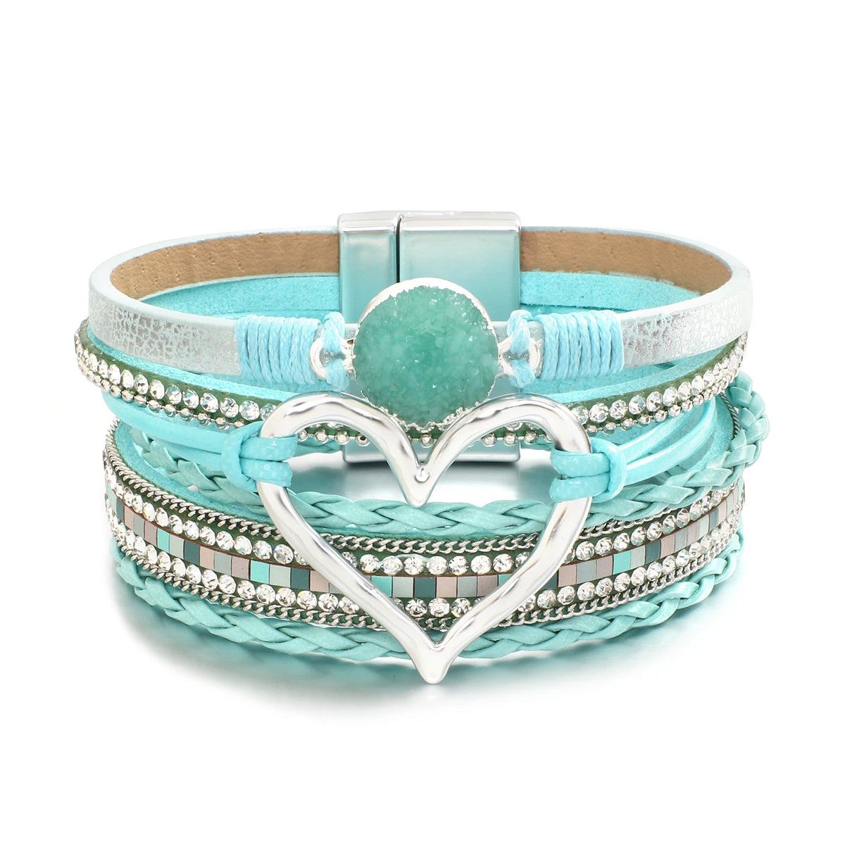 ALLYES Metal Love Heart Charm Leather Bracelets for Women Fashion Rhinestone Braided Wrap Bracelet Bangle Female Jewelry Gfits