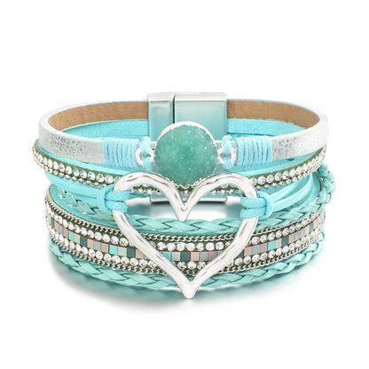 ALLYES Metal Love Heart Charm Leather Bracelets for Women Fashion Rhinestone Braided Wrap Bracelet Bangle Female Jewelry Gfits