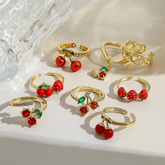 ALLYES Fashion Gold Plated Copper Rings for Women Cute Enamel Cherry Strawberry Crystal Fruit Finger Ring Jewelry Gifts
