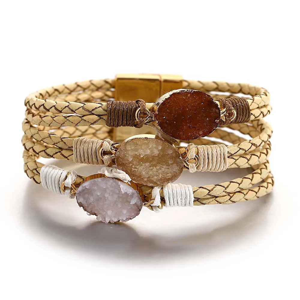 ALLYES Vintage Natural Stones Leather Bracelet for Women Men Boho Handmade Braided Multilayer Winding Wrap Bracelets Jewelry
