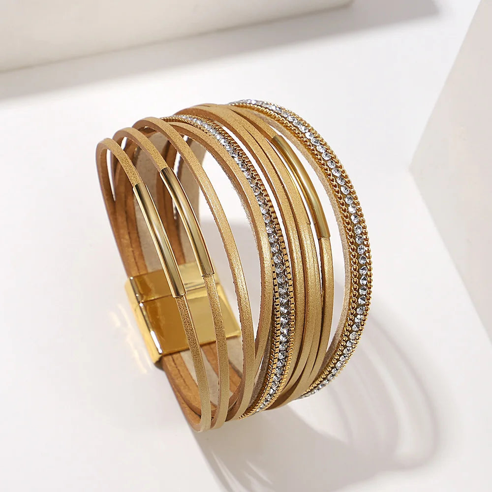 ALLYES Vintage Multilayer Wrap Leather Bracelet for Women Charm Rhinestone Metal Tube Wide Bangle Bracelets Party Jewelry Gifts
