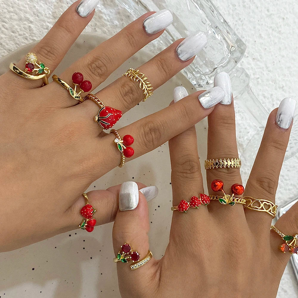 ALLYES Fashion Gold Plated Copper Rings for Women Cute Enamel Cherry Strawberry Crystal Fruit Finger Ring Jewelry Gifts