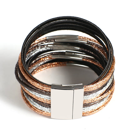 ALLYES Trendy Metal Tube Leather Bracelet for Women Men Chunky Glitter Filled Slim Multilayer Wrap Wide Bracelets Party Jewelry