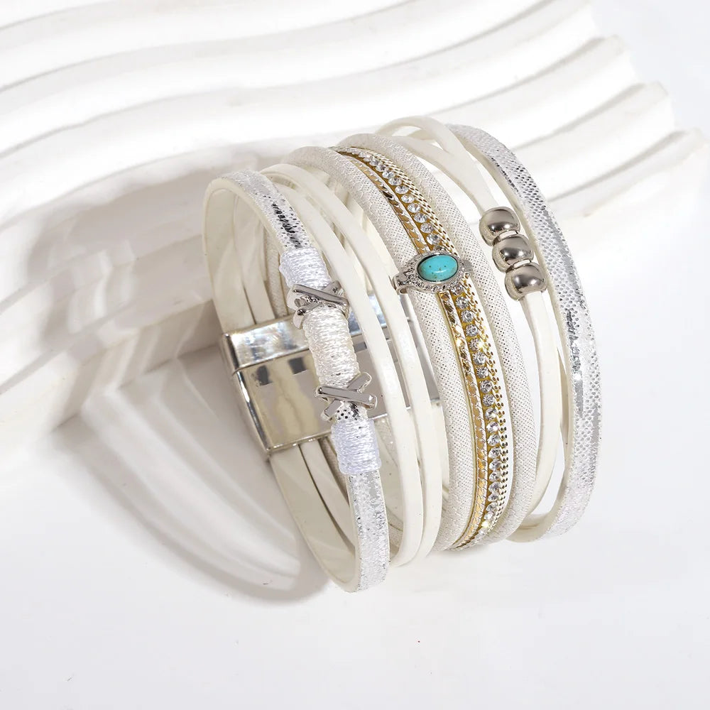 ALLYES Fashion Beads Cross Leather Bracelet for Women Men Chunky Rhinestone Chain Multilayer Wrap Wide Bracelets Party Jewelry