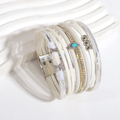 ALLYES Fashion Beads Cross Leather Bracelet for Women Men Chunky Rhinestone Chain Multilayer Wrap Wide Bracelets Party Jewelry
