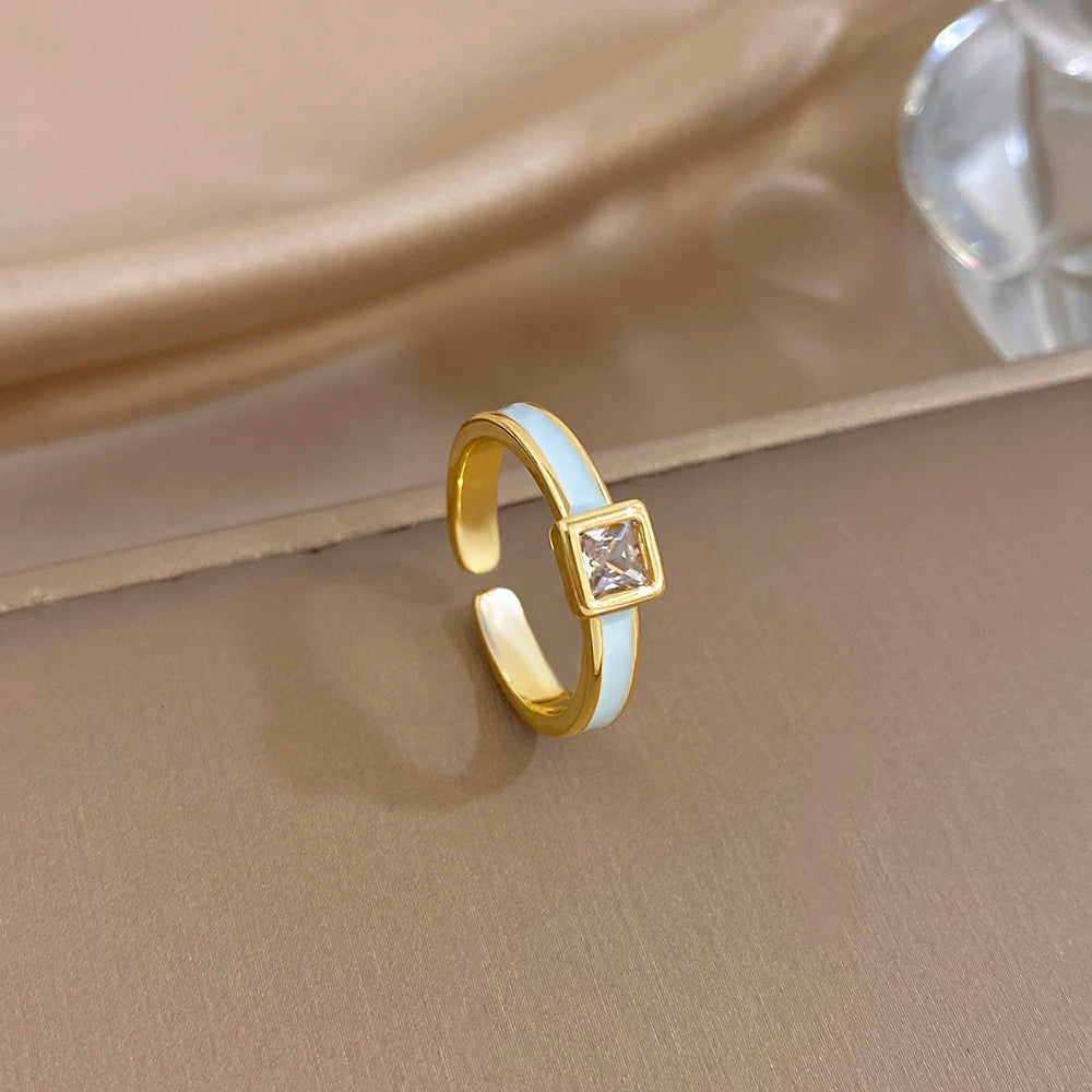 ALLYES Chic Enamel Square Zirconia Open Ring for Women Exquisite Gold Plated Copper Finger Rings Valentine's Day Gifts