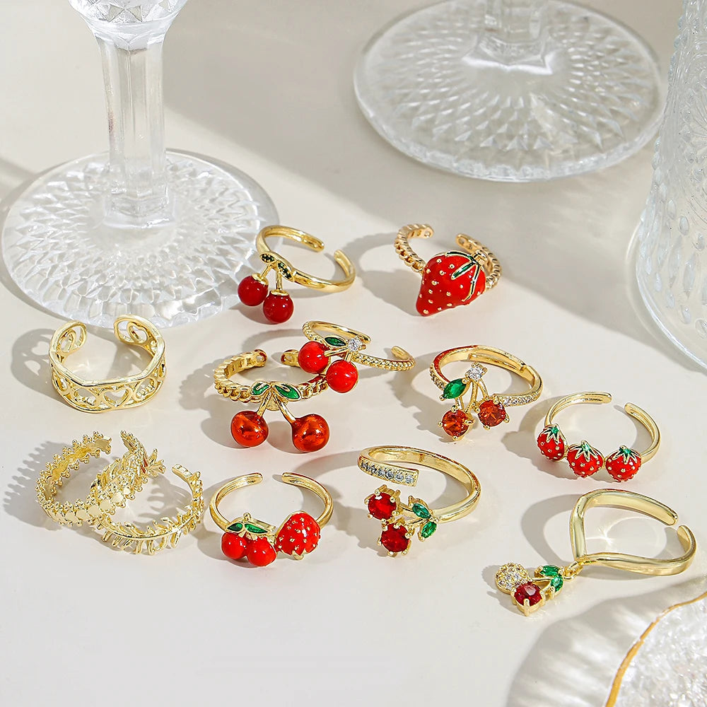 ALLYES Fashion Gold Plated Copper Rings for Women Cute Enamel Cherry Strawberry Crystal Fruit Finger Ring Jewelry Gifts