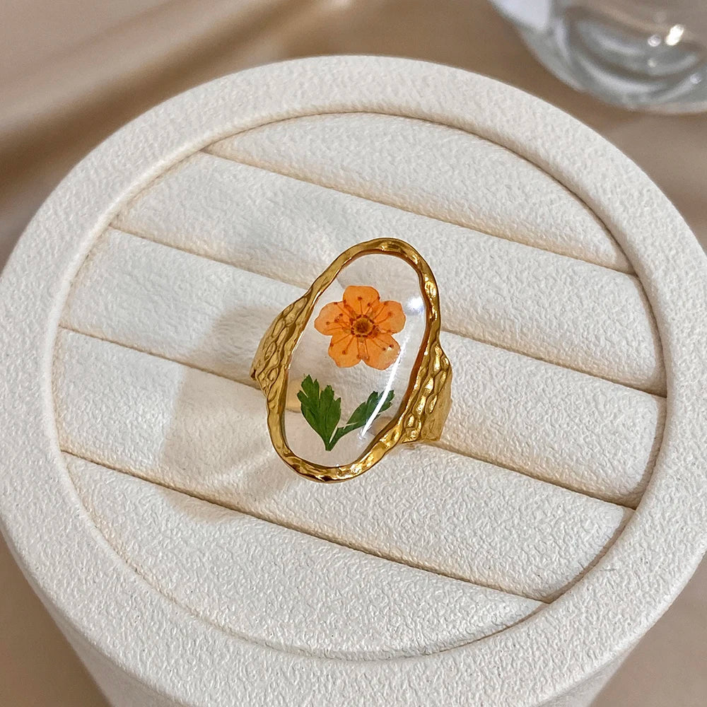 ALLYES Elegant Natural Flower Plant Oval Open Rings for Women Hammered Gold Plated Stainless Steel Finger Ring Jewelry Gifts