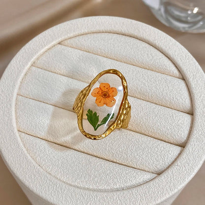 ALLYES Elegant Natural Flower Plant Oval Open Rings for Women Hammered Gold Plated Stainless Steel Finger Ring Jewelry Gifts