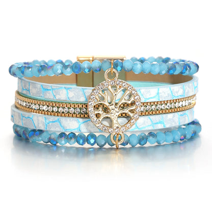 ALLYES Vintage Tree of Life Leather Bracelet for Women Multilayer Crystal Beads Chain Wrap Bracelets & Bangles Party Jewelry