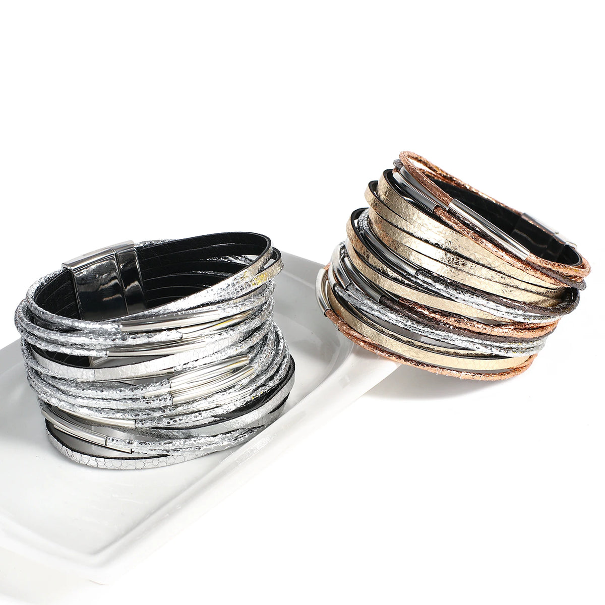 ALLYES Trendy Metal Tube Leather Bracelet for Women Men Chunky Glitter Filled Slim Multilayer Wrap Wide Bracelets Party Jewelry