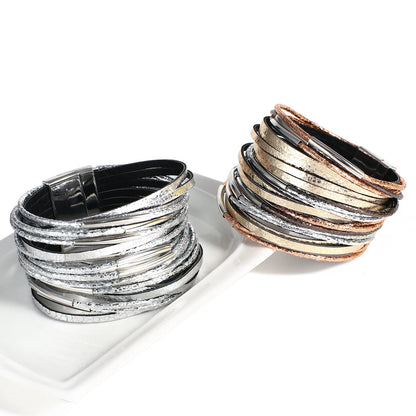 ALLYES Trendy Metal Tube Leather Bracelet for Women Men Chunky Glitter Filled Slim Multilayer Wrap Wide Bracelets Party Jewelry