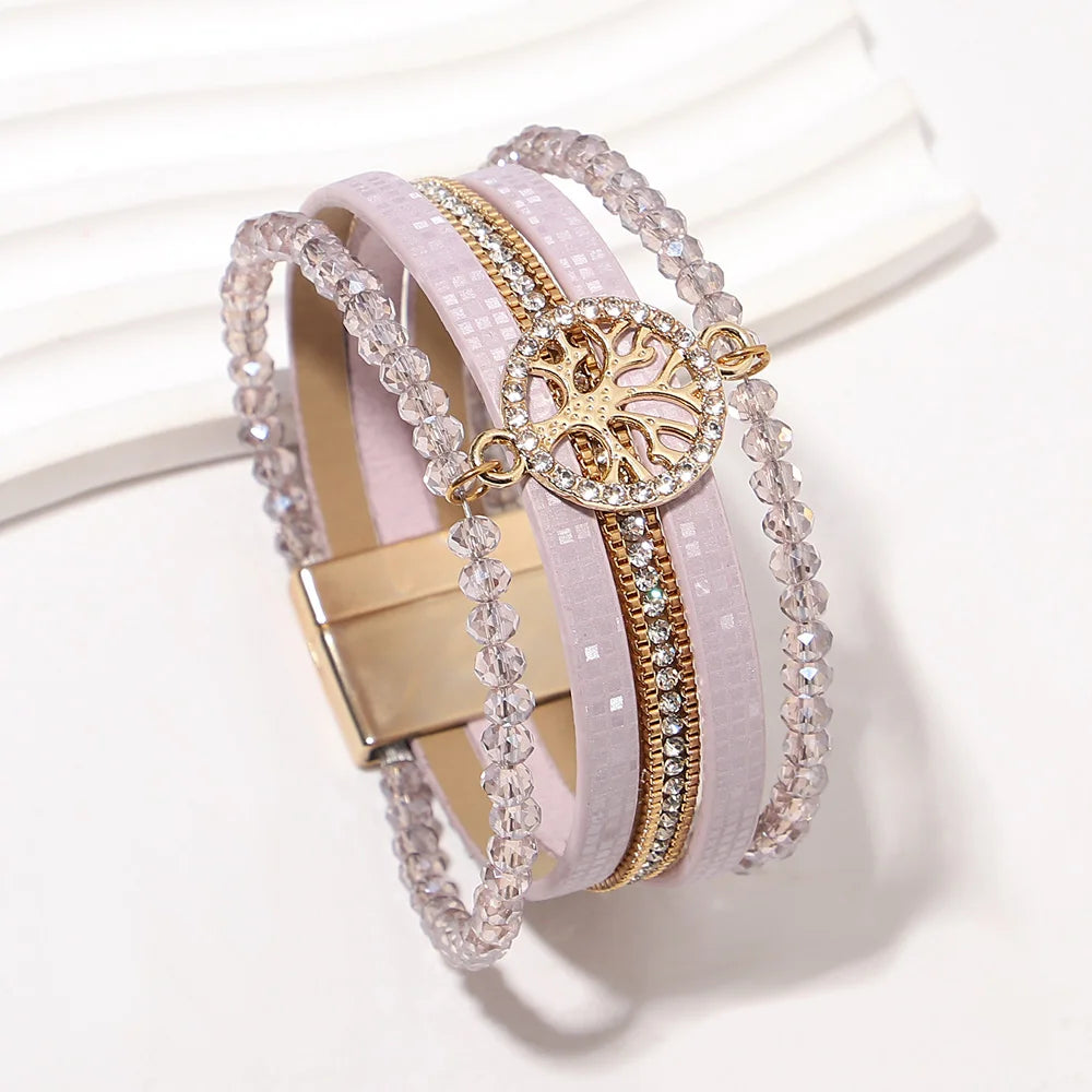 ALLYES Vintage Tree of Life Leather Bracelet for Women Multilayer Crystal Beads Chain Wrap Bracelets & Bangles Party Jewelry