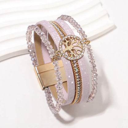 ALLYES Vintage Tree of Life Leather Bracelet for Women Multilayer Crystal Beads Chain Wrap Bracelets & Bangles Party Jewelry