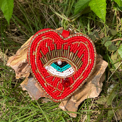 ALLYES Boho Red Blue Seed Beads Teardrop Hand-sewn Evil Eye Heart Keychain, Gothic Mobile Phone Handbag Hanging Charms Keyring