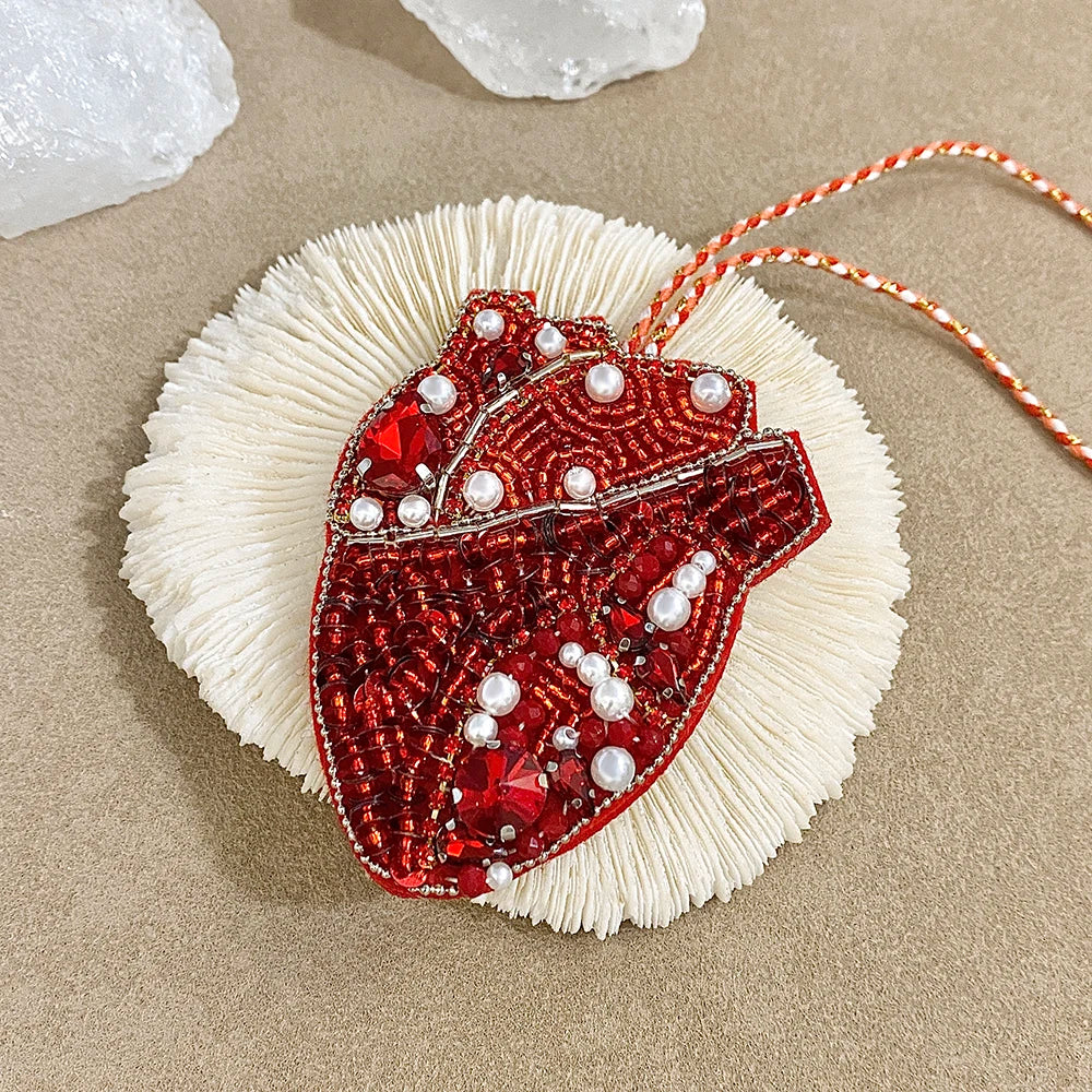 ALLYES Chic Pink Red Seed Beads Sequins Hand-sewn Heart Keychain Fashion Mobile Phone Handbag Hanging Charms Keyring Accessories
