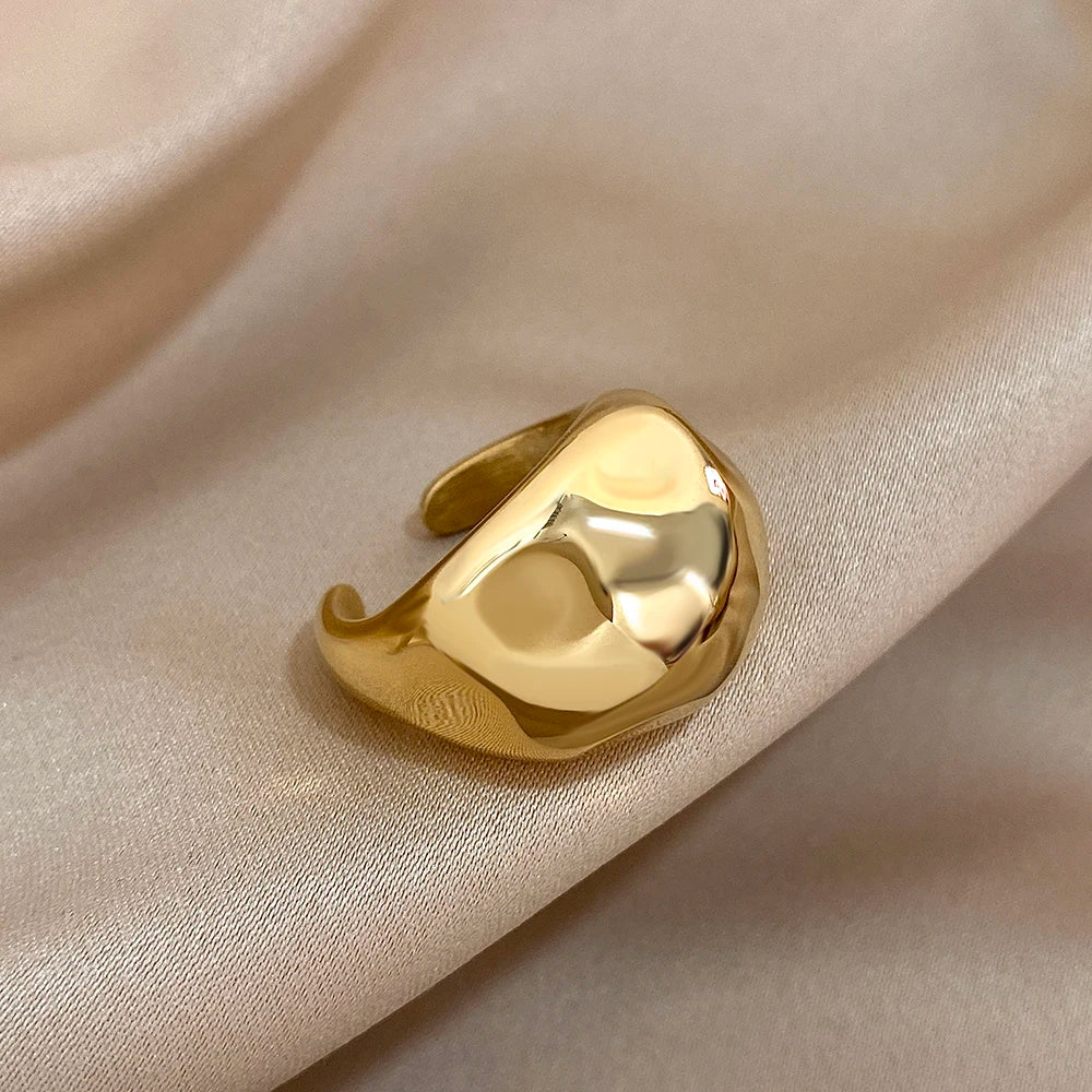 ALLYES Irregular Hammered Ball Shaped Stainless Steel Ring for Women Fashion Gold Color Chunky Finger Rings Waterproof Jewelry