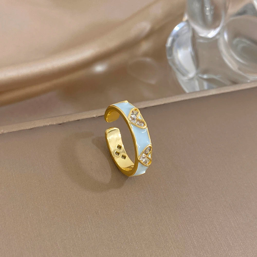 ALLYES Romantic Enamel Heart Zirconia Open Ring for Women Exquisite Gold Plated Copper Finger Rings Valentine's Day Gifts