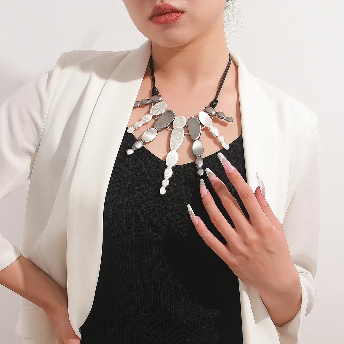 ALLYES Ethnic Silver Color Irregular Multilayer Pendant Necklace Bohemian Leather Rope Choker Necklaces Statement Jewelry