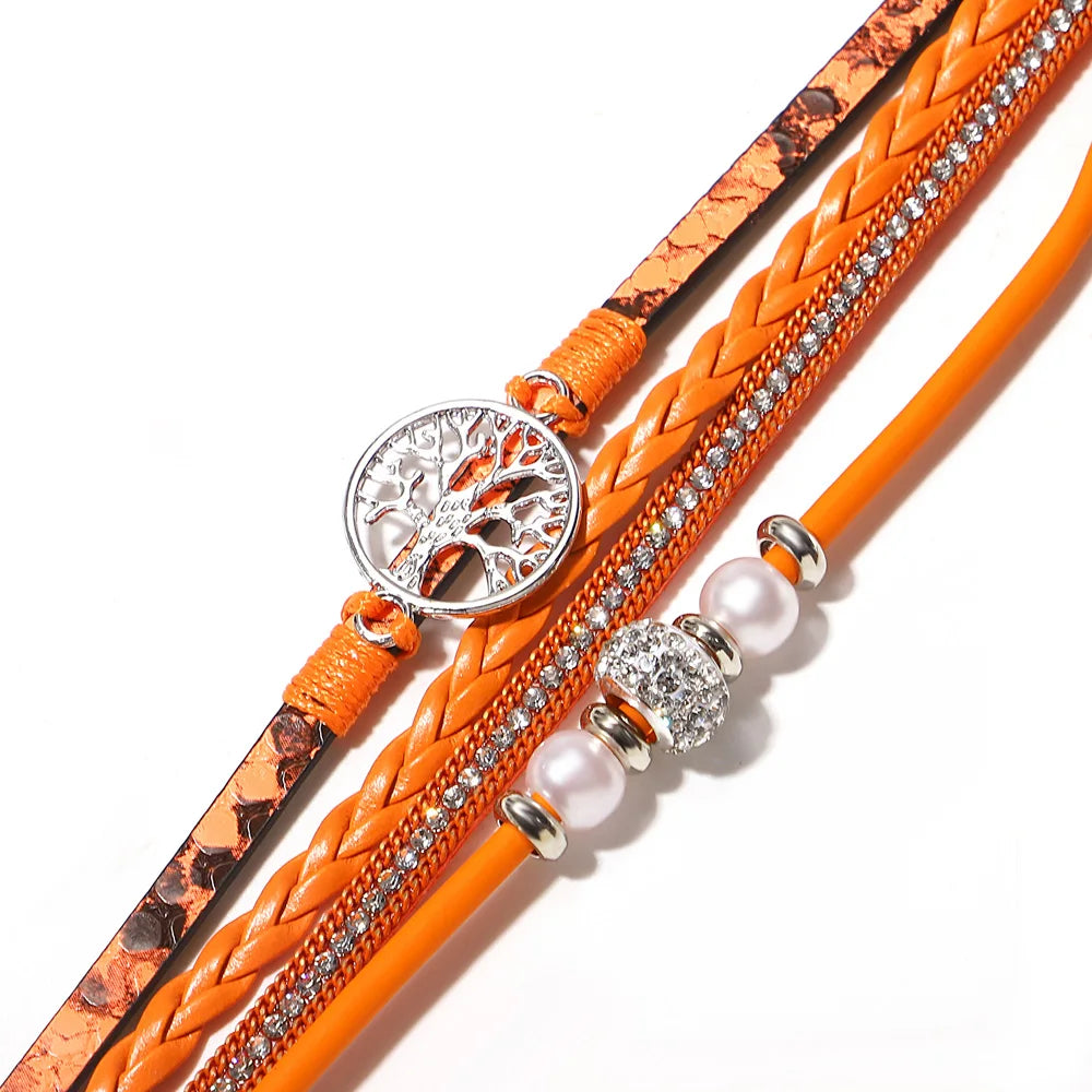 ALLYES Tree of Life Rhinestone Beads Pearl Leather Bracelets for Women Charm Bohemian Multilayer Wrap Bracelet Halloween Jewelry