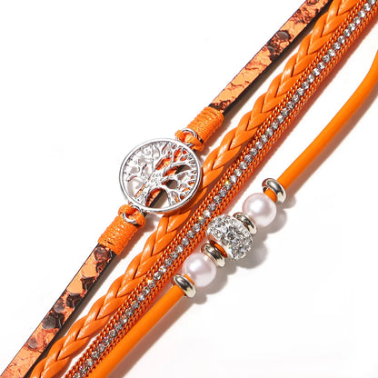 ALLYES Tree of Life Rhinestone Beads Pearl Leather Bracelets for Women Charm Bohemian Multilayer Wrap Bracelet Halloween Jewelry