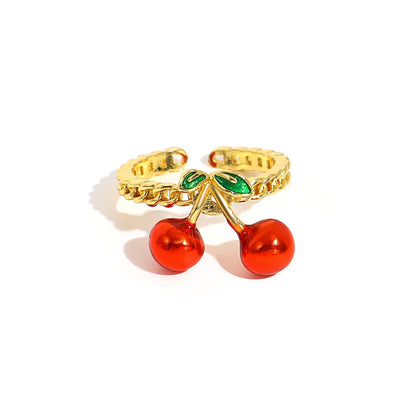 ALLYES Fashion Gold Plated Copper Rings for Women Cute Enamel Cherry Strawberry Crystal Fruit Finger Ring Jewelry Gifts