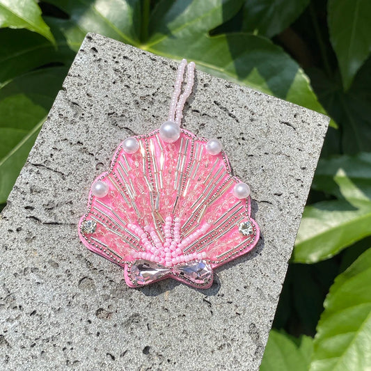 ALLYES Chic Pink Handcrafted Beaded Bowknot Scallop Keychain, Fashion Mobile Phone Handbag Hanging, Charms Keyring Accessories