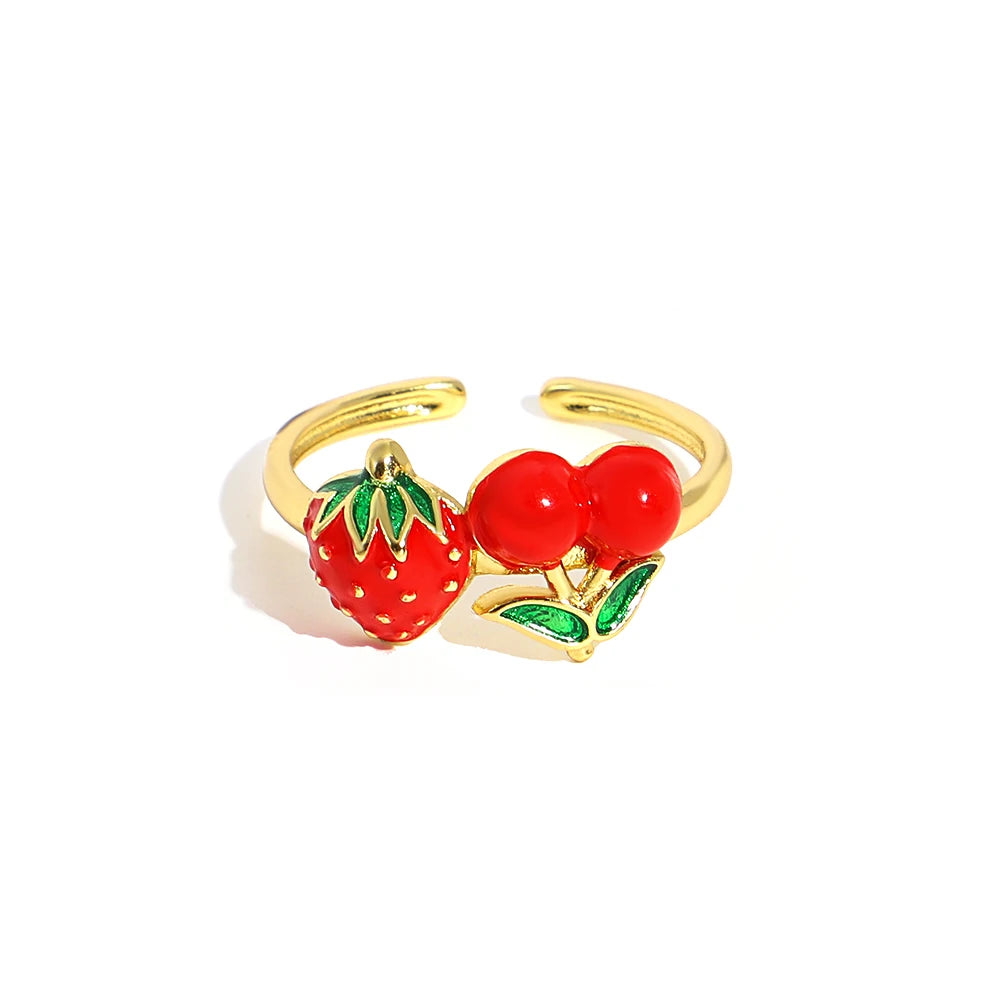 ALLYES Fashion Gold Plated Copper Rings for Women Cute Enamel Cherry Strawberry Crystal Fruit Finger Ring Jewelry Gifts