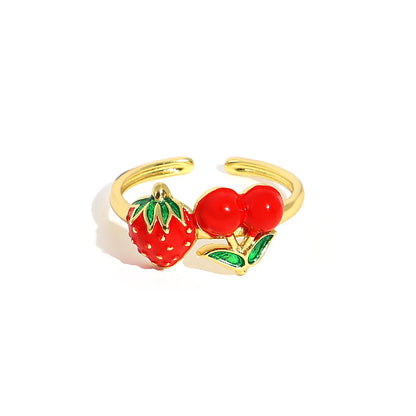 ALLYES Fashion Gold Plated Copper Rings for Women Cute Enamel Cherry Strawberry Crystal Fruit Finger Ring Jewelry Gifts
