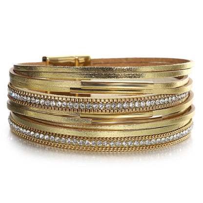 ALLYES Vintage Multilayer Wrap Leather Bracelet for Women Charm Rhinestone Metal Tube Wide Bangle Bracelets Party Jewelry Gifts