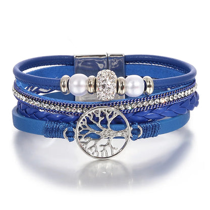ALLYES Tree of Life Rhinestone Beads Pearl Leather Bracelets for Women Charm Bohemian Multilayer Wrap Bracelet Halloween Jewelry