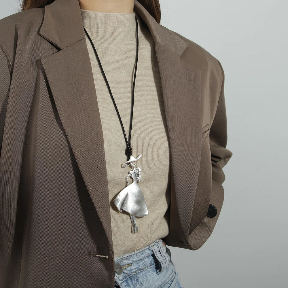 ALLYES Vintage Boho Long Leather Necklaces Elegant Matte Metal Women Pendant Necklace Sweater Chain Fall & Winter Jewelry