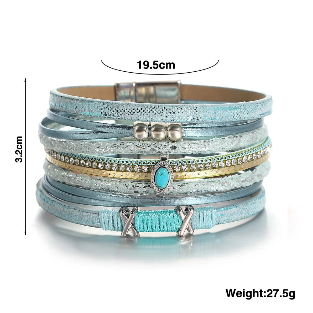 ALLYES Fashion Beads Cross Leather Bracelet for Women Men Chunky Rhinestone Chain Multilayer Wrap Wide Bracelets Party Jewelry