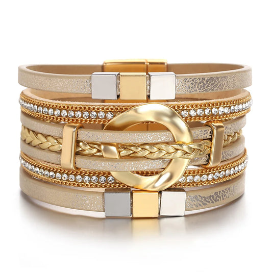 ALLYES Boho Round Braided Leather Bracelet for Women Men Vintage Multilayer Wrap Wide Bracelets & Bangles Party Jewelry Gifts