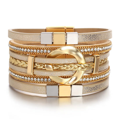 ALLYES Boho Round Braided Leather Bracelet for Women Men Vintage Multilayer Wrap Wide Bracelets & Bangles Party Jewelry Gifts