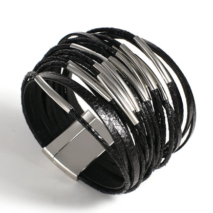 ALLYES Trendy Metal Tube Leather Bracelet for Women Men Chunky Glitter Filled Slim Multilayer Wrap Wide Bracelets Party Jewelry
