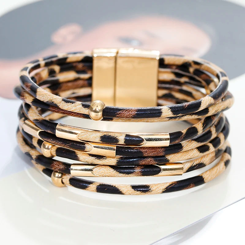 ALLYES Leopard Leather Bracelet Jewelry Fashion Women Metal Tube Ladies Wide Boho Multilayer Wrap Bracelets & Bangles