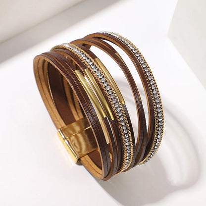 ALLYES Vintage Multilayer Wrap Leather Bracelet for Women Charm Rhinestone Metal Tube Wide Bangle Bracelets Party Jewelry Gifts