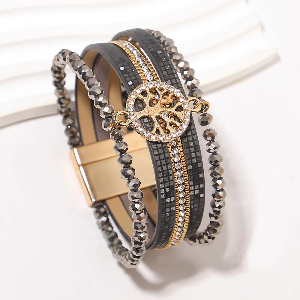 ALLYES Vintage Tree of Life Leather Bracelet for Women Multilayer Crystal Beads Chain Wrap Bracelets & Bangles Party Jewelry
