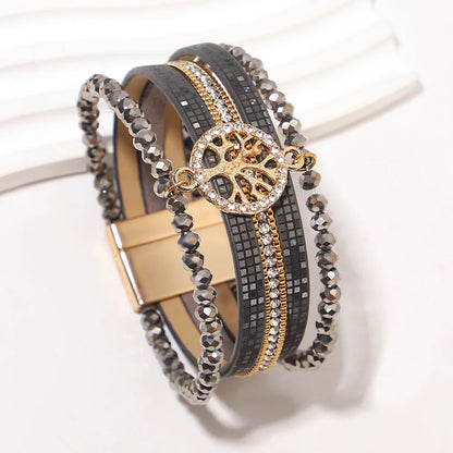 ALLYES Vintage Tree of Life Leather Bracelet for Women Multilayer Crystal Beads Chain Wrap Bracelets & Bangles Party Jewelry
