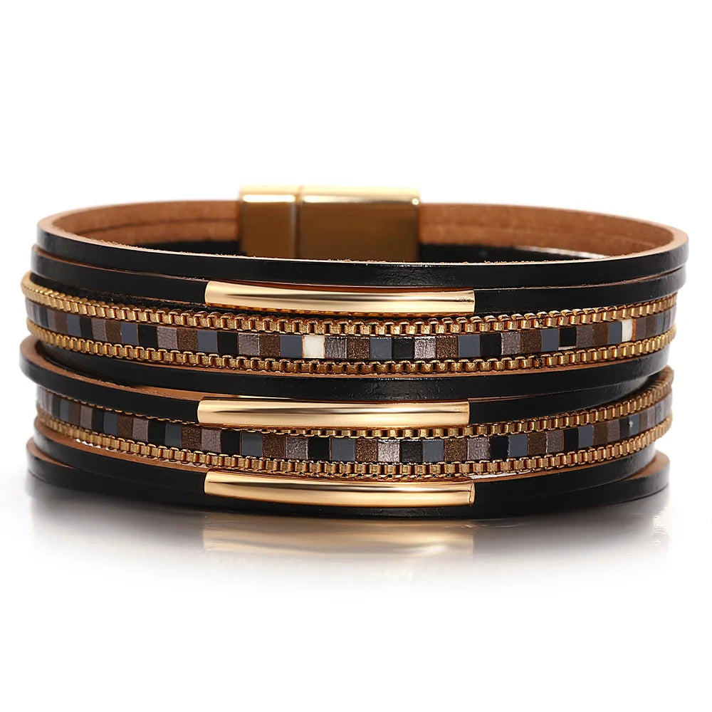 ALLYES Trendy Colorful Square Leather Bracelet for Women Men Boho Metal Tube Multilayer Wrap Wide Bracelets Charm Party Jewelry